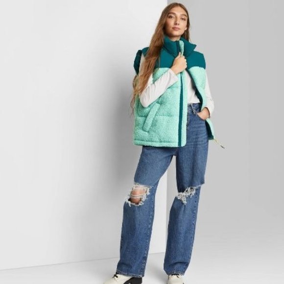 Women's Oversized Puffer Vest - Wild Fable Green Color Block XS - Picture 1 of 6